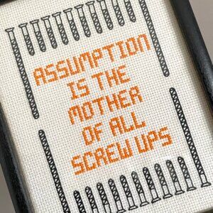 🛑 Vintage Framed ASSUMPTION IS THE MOTHER...Cross Stitch